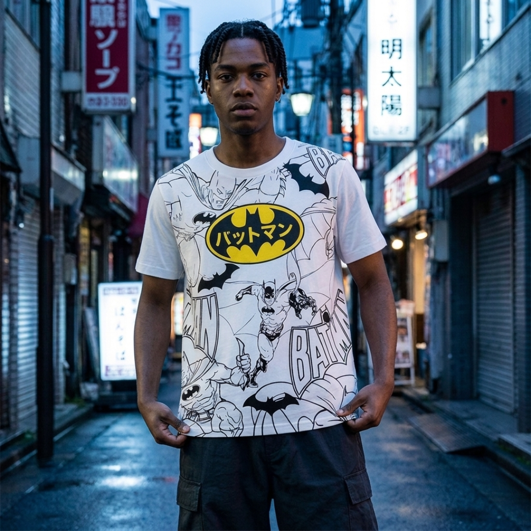 A man stands in a narrow city street wearing a white Batman graphic T-shirt with a large yellow Batman logo on the chest and black comic-style illustrations across the front, paired with dark cargo pants.