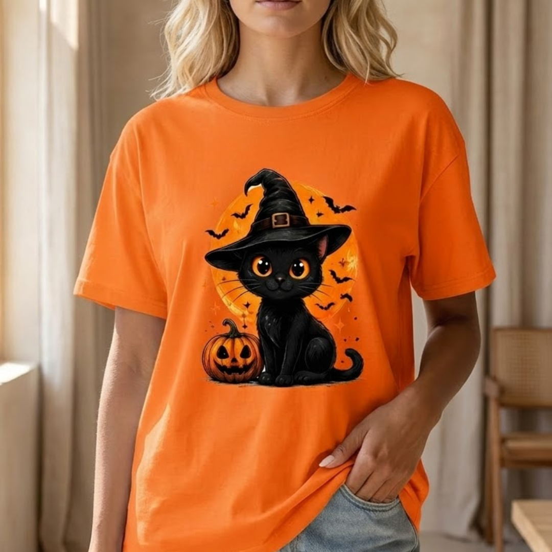 Black Cat Witch Hat T-Shirt | Women's Full Moon Halloween Tee Graphic Tees - The Eezee Shop