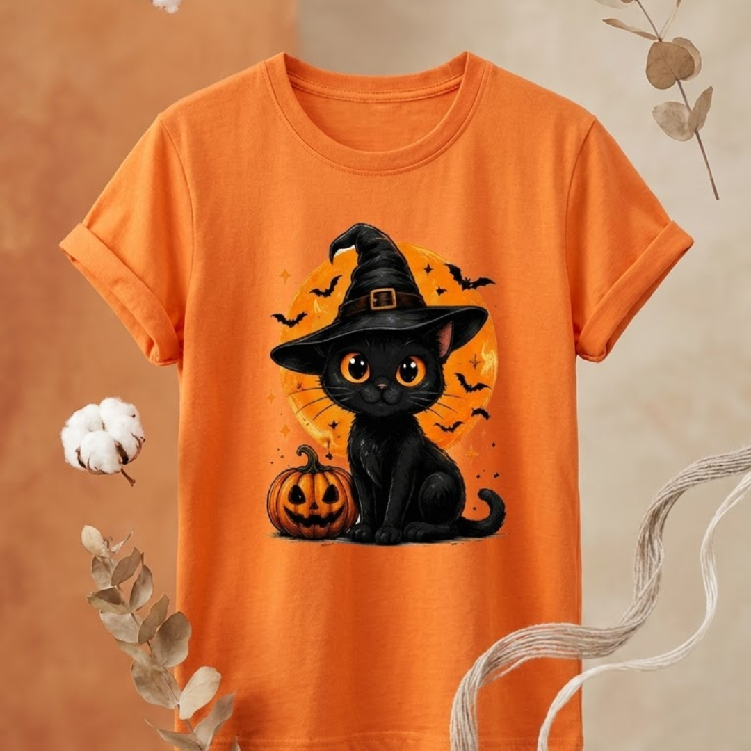 Black Cat Witch Hat T-Shirt | Women's Full Moon Halloween Tee Graphic Tees - The Eezee Shop
