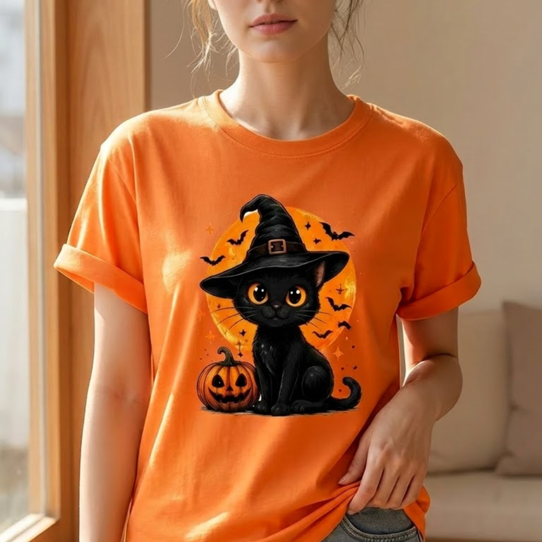 Black Cat Witch Hat T-Shirt | Women's Full Moon Halloween Tee Graphic Tees - The Eezee Shop
