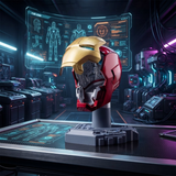 A red and gold armored helmet replica displayed on a gray stand in a futuristic high-tech lab with glowing blue and orange interface screens in the background.