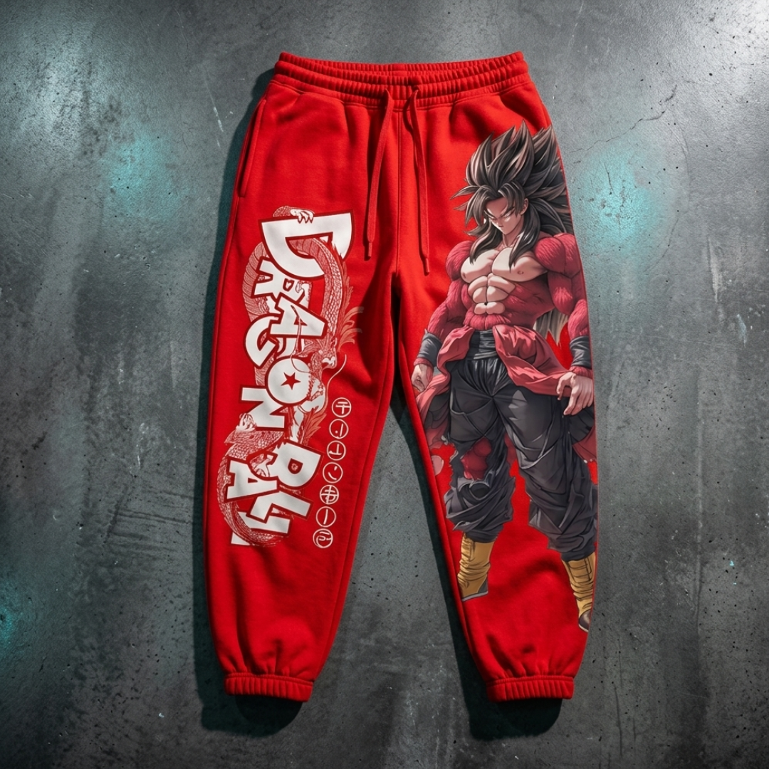 Red Dragon Ball Z sweatpants featuring a large graphic print of Super Saiyan Gohan on one leg and vertical 'Dragon Ball' text on the other, displayed flat against a dark textured background.