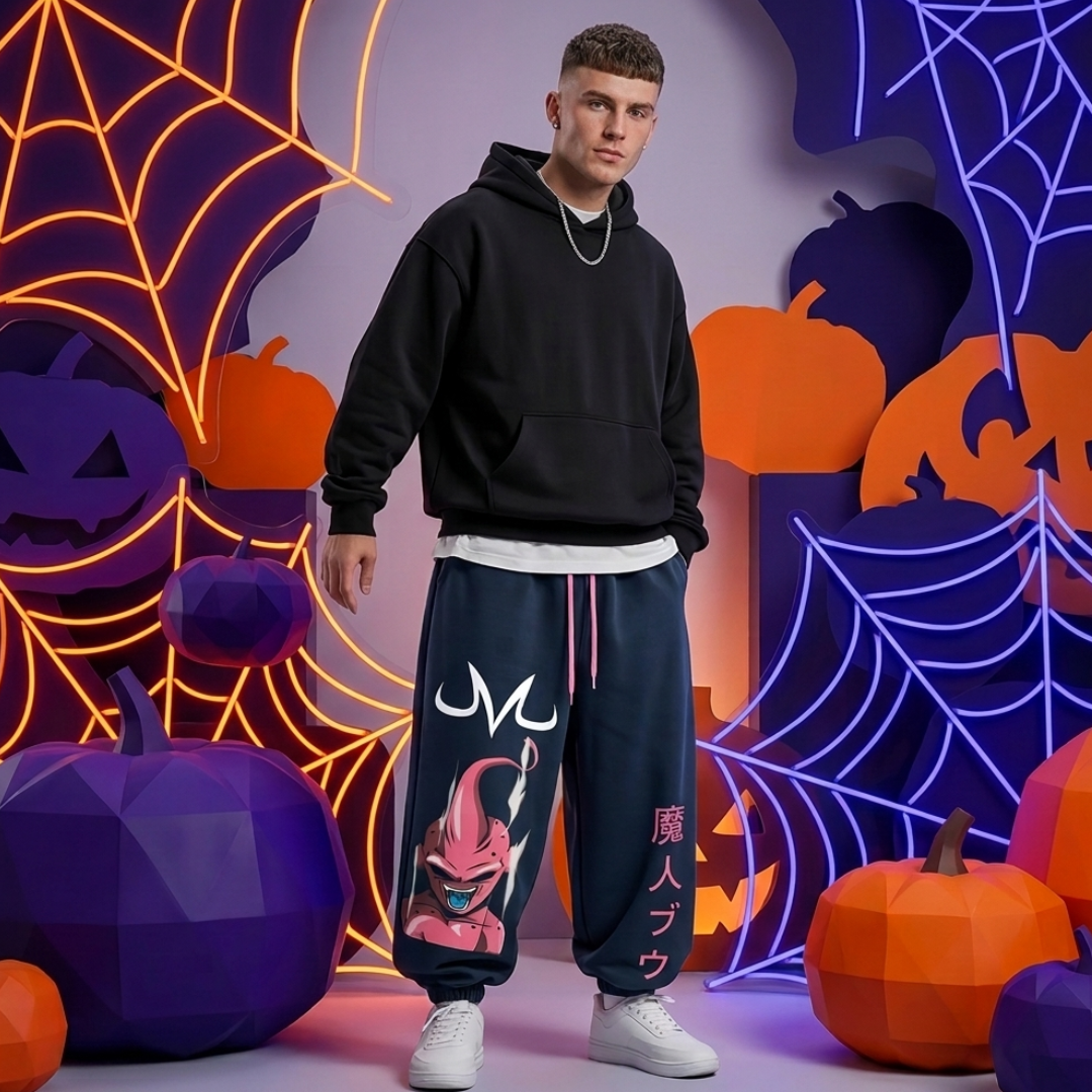 A man stands in a Halloween-themed studio setting wearing dark navy sweatpants with a graphic of a pink demon character and Japanese text, paired with a black hoodie and white sneakers.