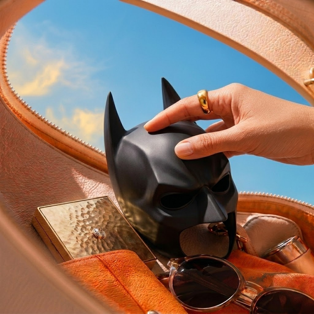 A black Batman-style mask is being held by a hand inside an open tan leather bag, surrounded by sunglasses, a gold compact, and a blue sky visible through the bag's opening.