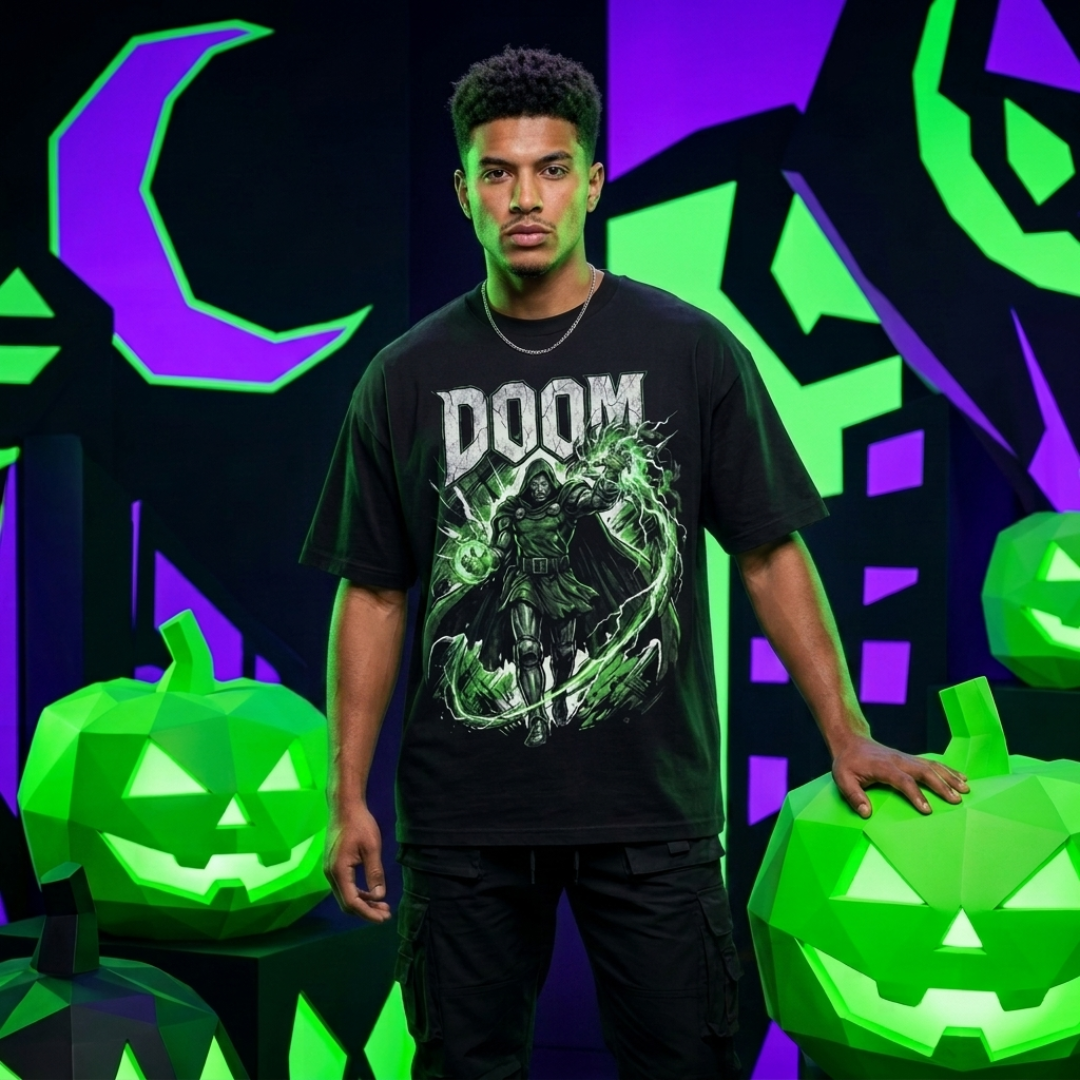 A man wearing a black graphic t-shirt with a green and white 'DOOM' character print, standing in a Halloween-themed studio with neon green jack-o'-lantern props and a purple and black background.