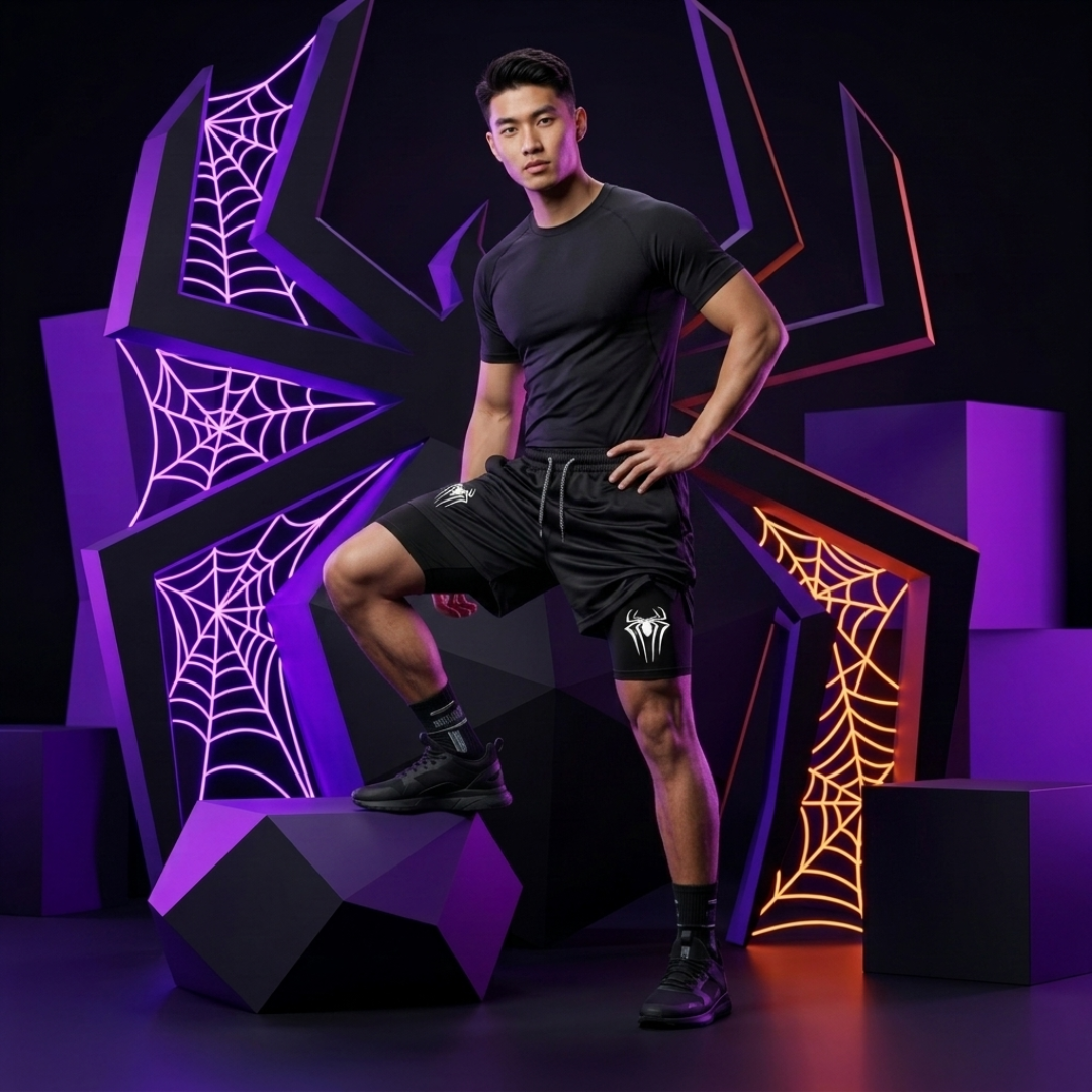 A man modeling black athletic wear, including a fitted short-sleeve t-shirt and matching shorts with white spider-themed graphics, posed in front of a stylized purple and black geometric set with spiderweb motifs.