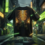 A black short-sleeve graphic T-shirt floating over a neon-lit city street at night. The shirt features a large rectangular fantasy-style print in gold, brown, and green tones showing a hooded figure standing before a glowing throne or altar.