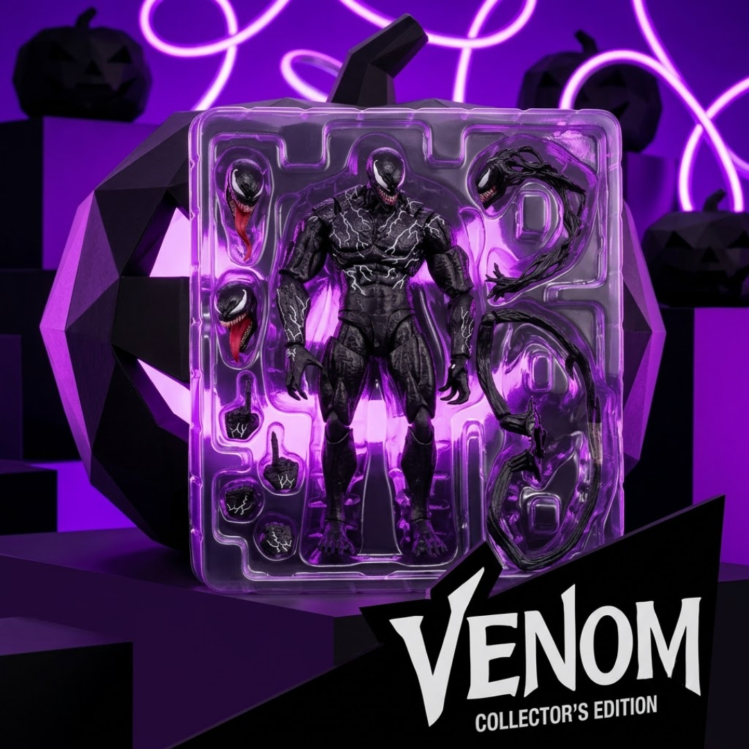 Venom Collector's Edition action figure in a clear blister pack, shown with multiple interchangeable hands and a large alternate head accessory. The figure is black with white and red details, photographed in a stylized purple and black setup with neon pumpkin lights and a large Venom logo at the bottom.