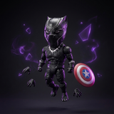 A stylized Black Panther action figure with a large head, black textured suit, floating alternate hands, and a Captain America shield accessory against a dark background with purple energy effects.