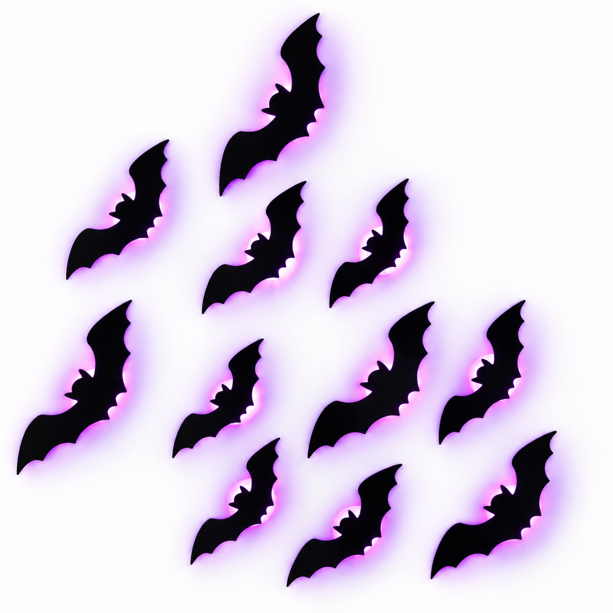 Ten black bat silhouettes arranged in a cluster, each with a glowing purple halo or glow effect, on a plain white background.