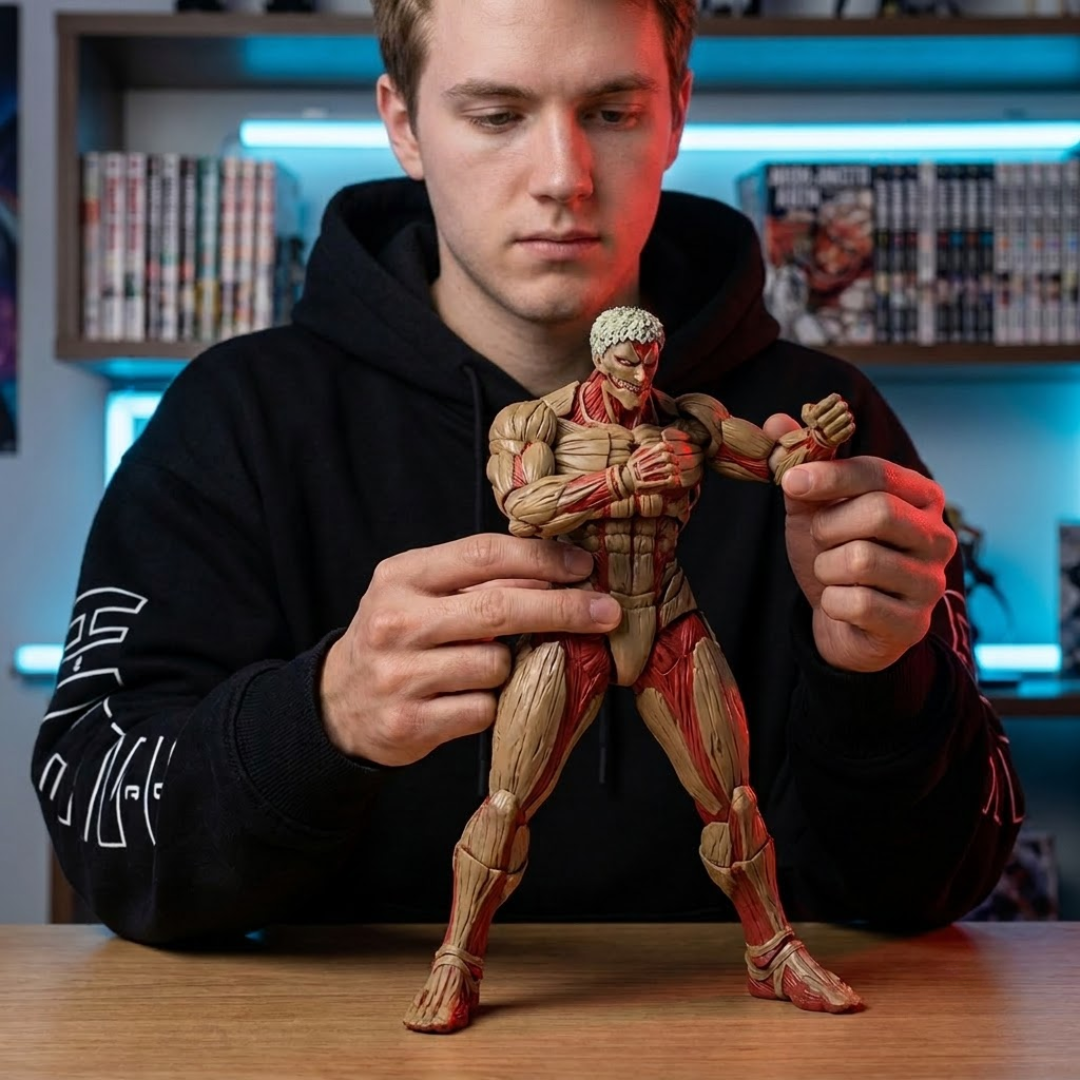 A person in a black hoodie holds a detailed muscular male action figure with exposed red internal detailing, standing on a wooden table with shelves and blue lighting in the background.