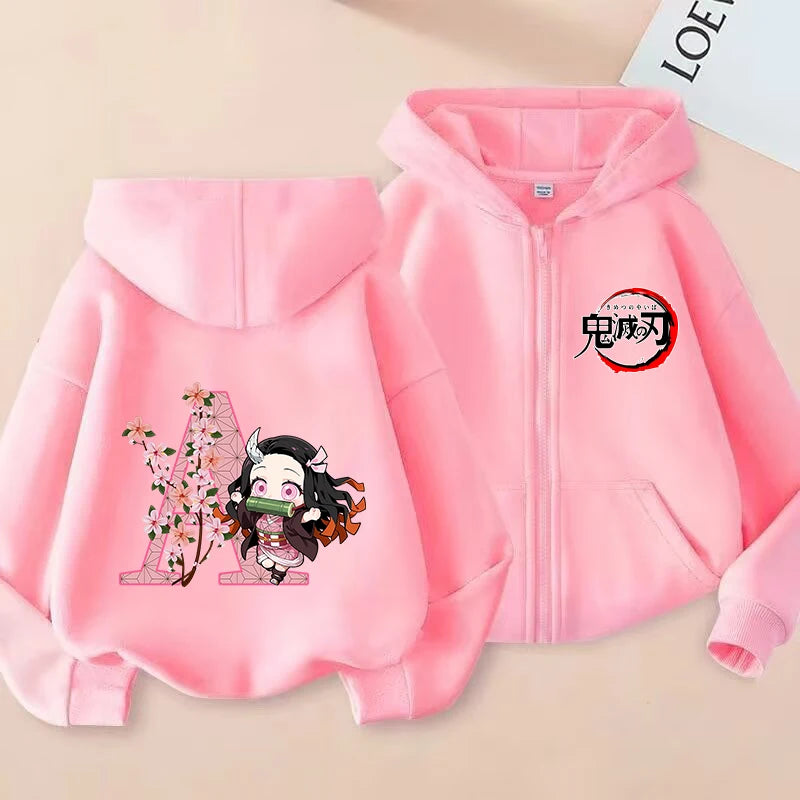 Girls Nezuko Zip-Up Jacket | Kids Demon Slayer Hooded Top Jackets - The Eezee Shop