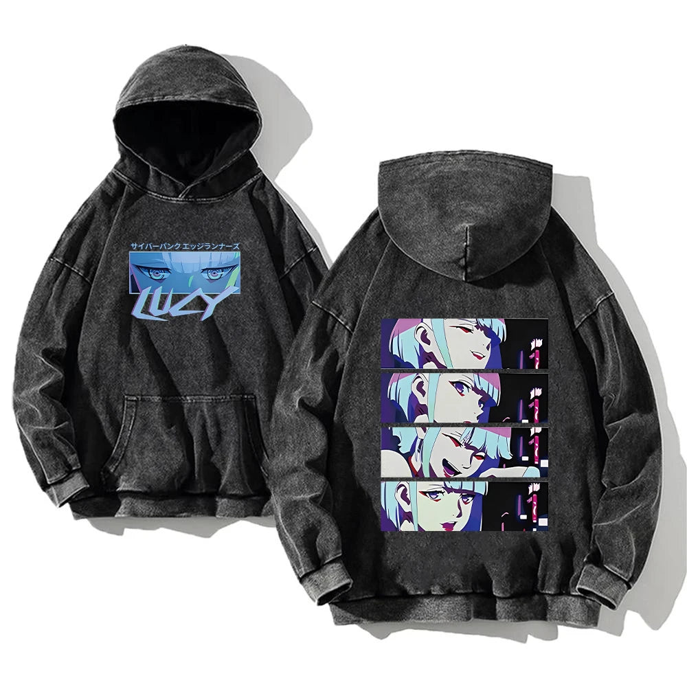 Cyberpunk Edgerunners Washed Hoodie | Cotton Graphic Pullover Hoodies & Sweatshirts - The Eezee Shop