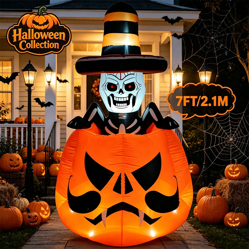 7ft Skeleton Pumpkin Inflatable | LED Halloween Lawn Display Outdoor Halloween Decorations - The Eezee Shop