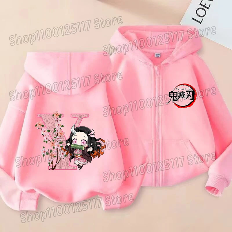Girls Nezuko Zip-Up Jacket | Kids Demon Slayer Hooded Top Jackets - The Eezee Shop