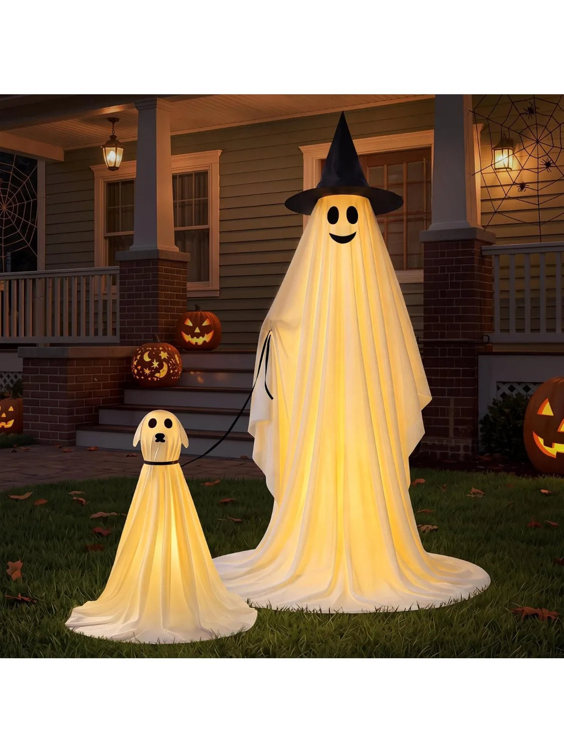 2Pcs Outdoor Halloween Decorations 55" Standing Ghost and 23" Dog Ghost Cute Set with Warm White LED Lights 8 Lightng Modes & Timer for Yard Lawn Party Favors and Halloween Decor Outside Indoor - The Eezee Shop