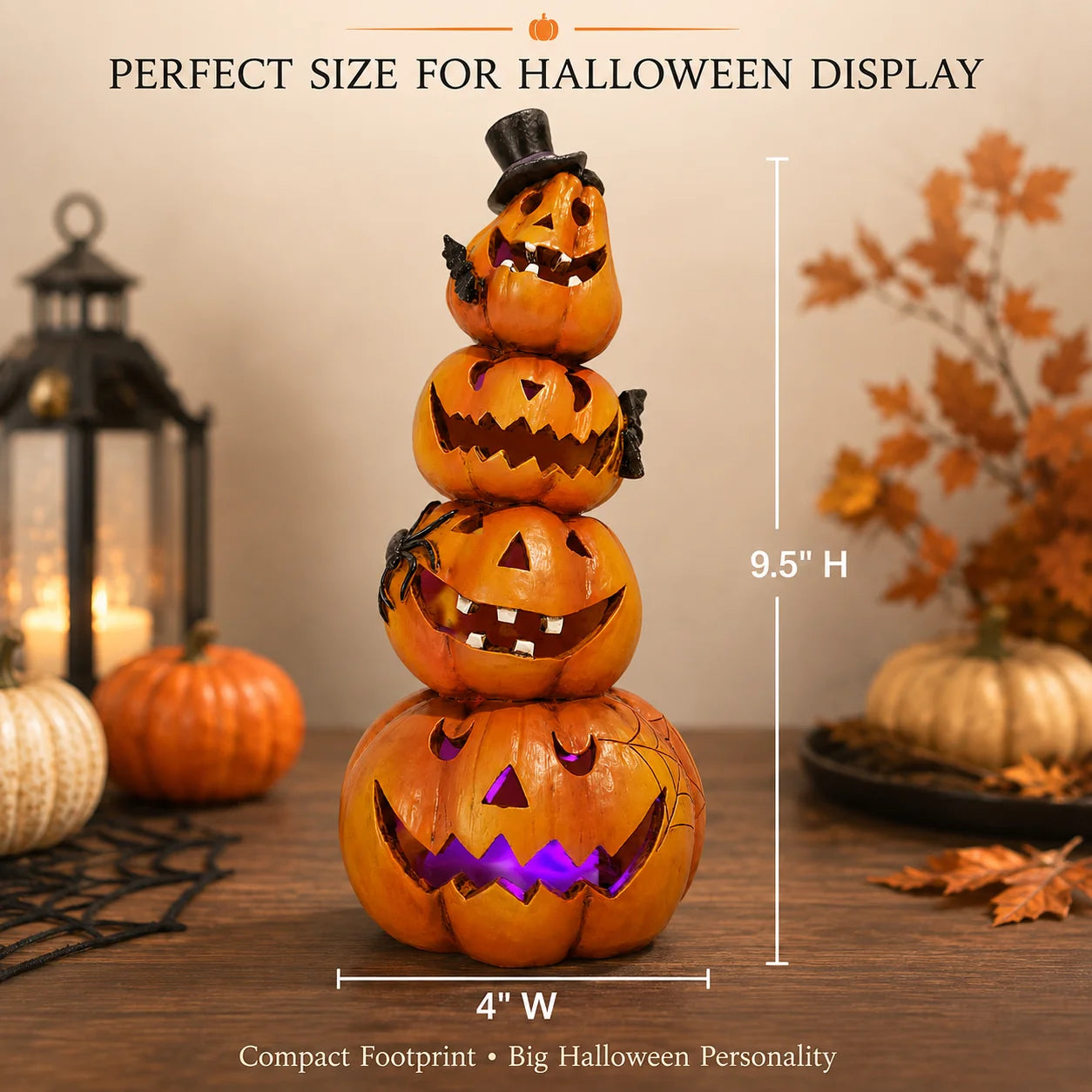 Light-Up Stacked Pumpkin Tower | 4-Tier Jack-O-Lantern Figurine Halloween Figurines - The Eezee Shop