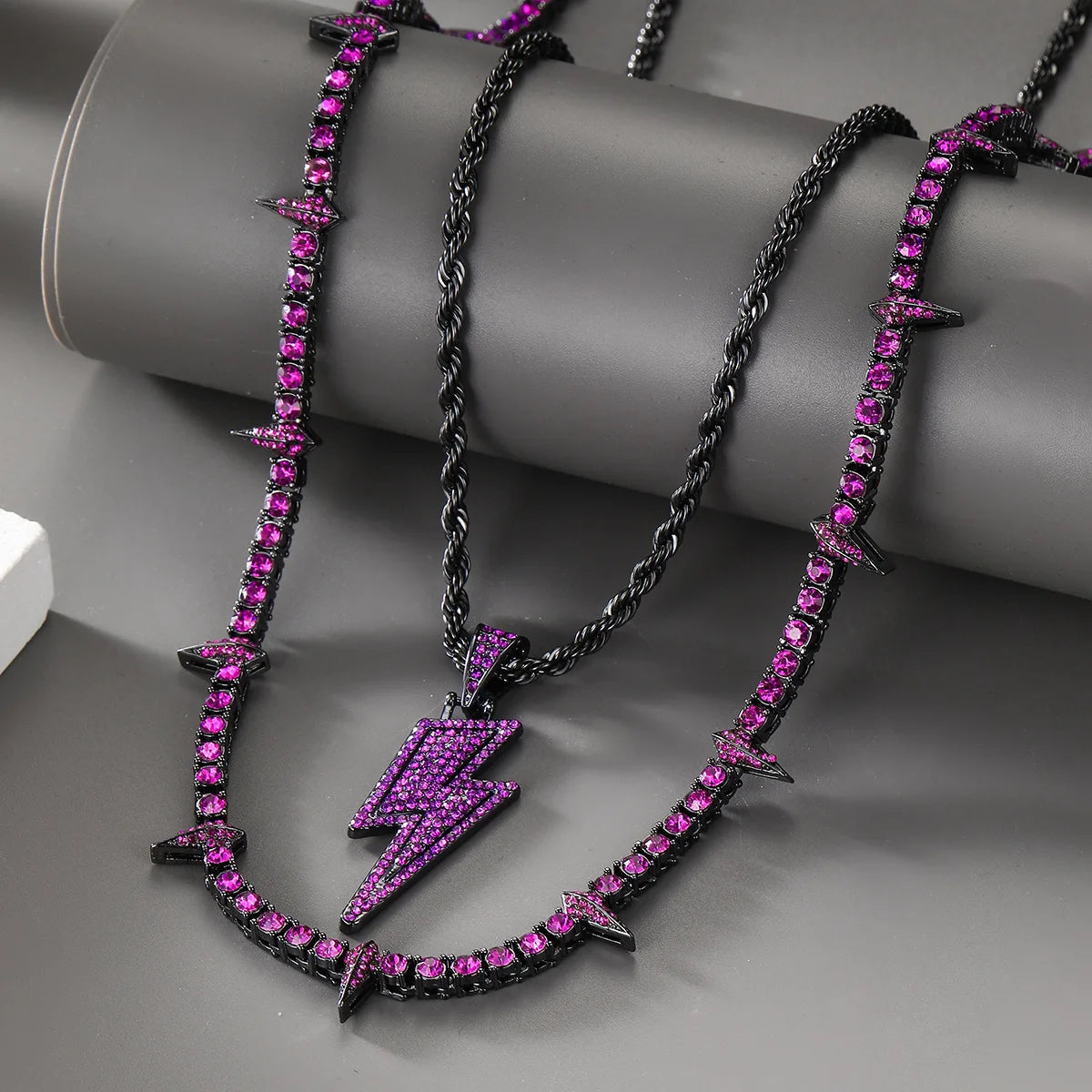Lightning Pendant Tennis Necklace | Purple Iced Out CZ Chain Jewelry - The Eezee Shop