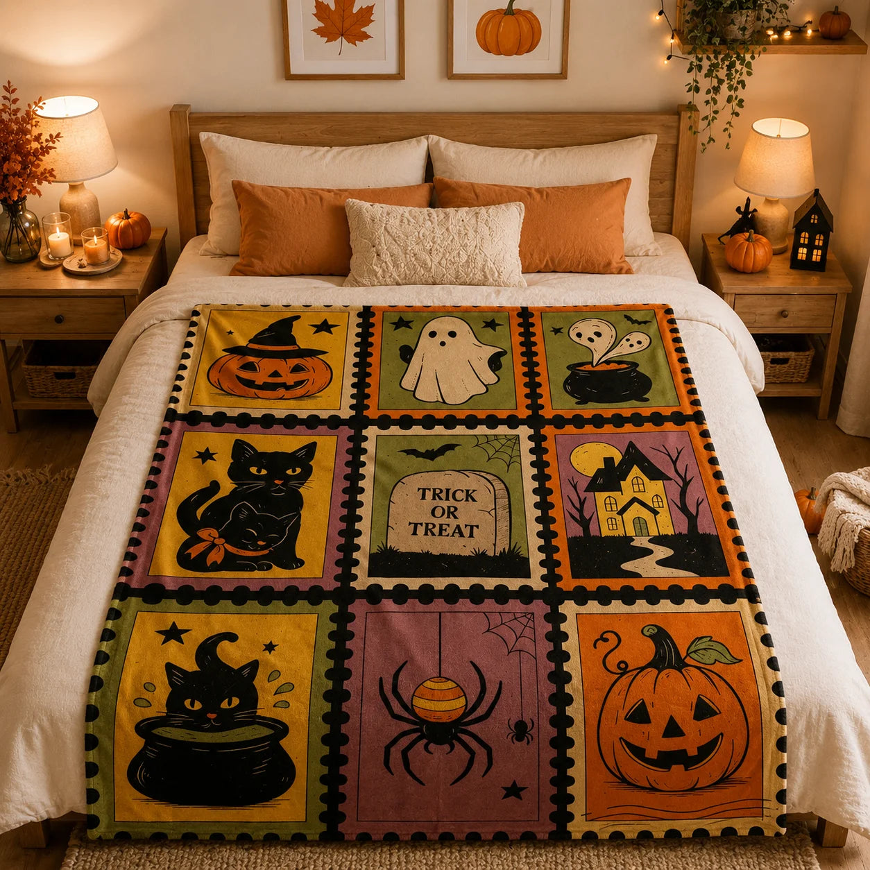 Nine-Grid Halloween Flannel Throw | Cozy Fuzzy Blanket Throw Blankets - The Eezee Shop