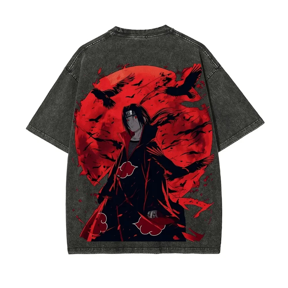 Naruto Itachi Uchiha T-shirt Akatsuki Crow Vintage Acid Wash Streetwear Oversized Retro Anime Grafische Katoenen Mannen Tees Top Anime Tshirts - The Eezee Shop