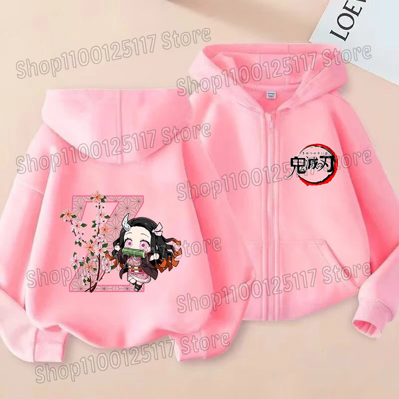 Girls Nezuko Zip-Up Jacket | Kids Demon Slayer Hooded Top Jackets - The Eezee Shop