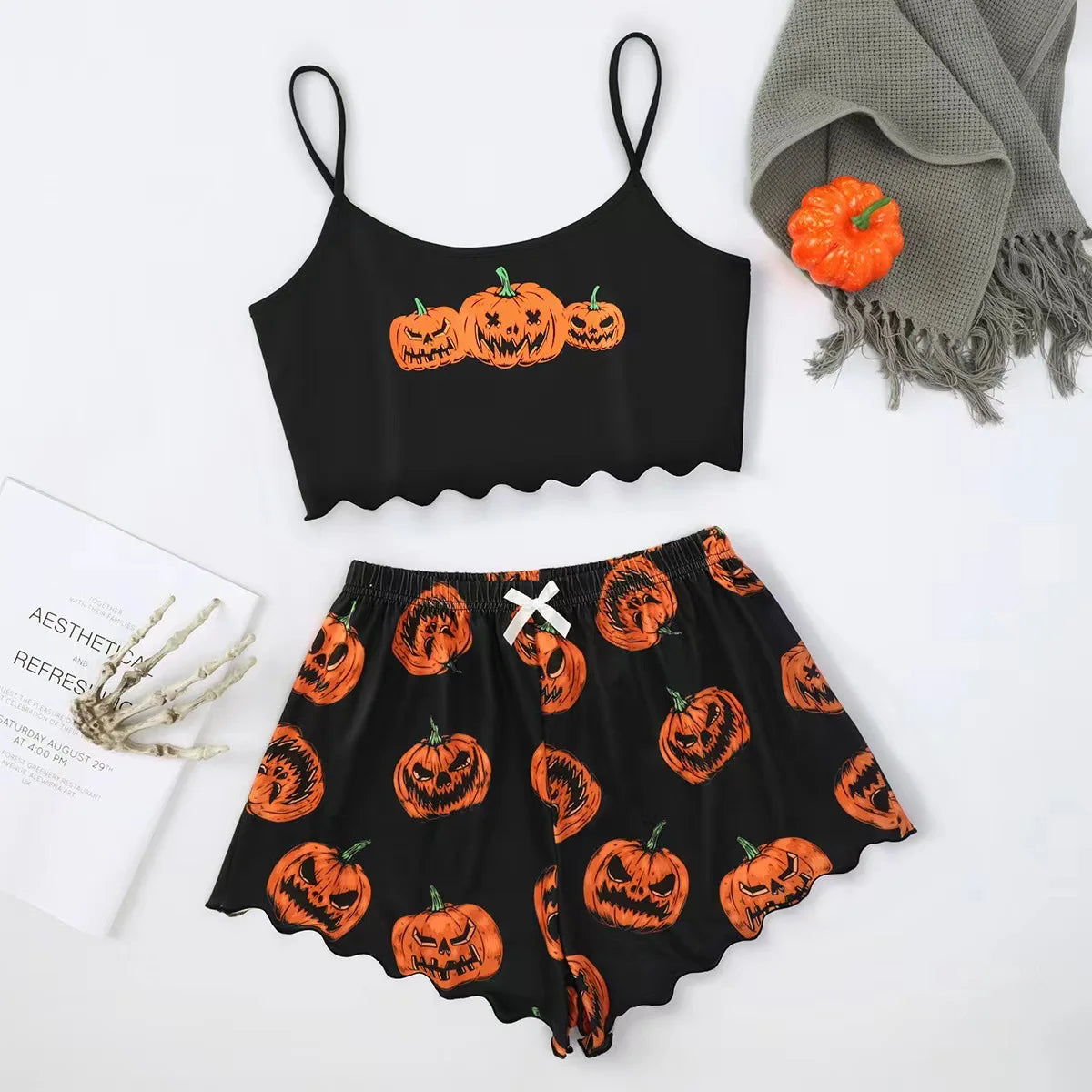 Pumpkin Print Cami & Shorts Pajama Set | Women's Halloween Sleepwear Pajamas & Loungewear - The Eezee Shop