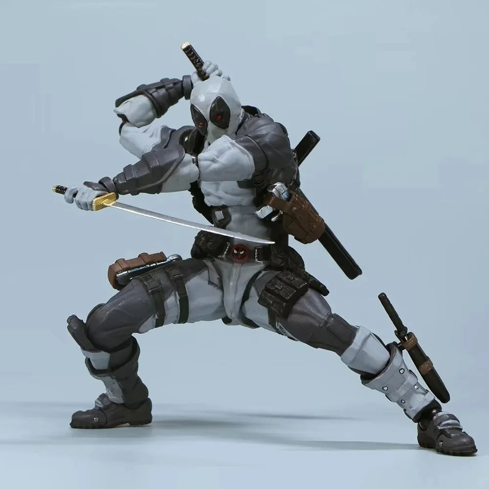 Action figure in a dynamic pose with weapons on a light blue background
