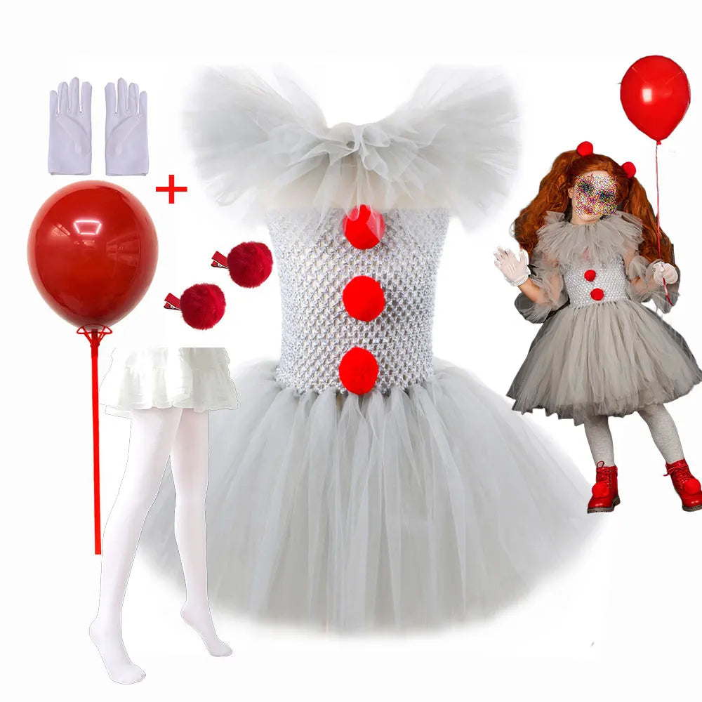 Girls Pennywise Tutu Dress Costume | Kids Clown Cosplay Set Halloween Costumes - The Eezee Shop