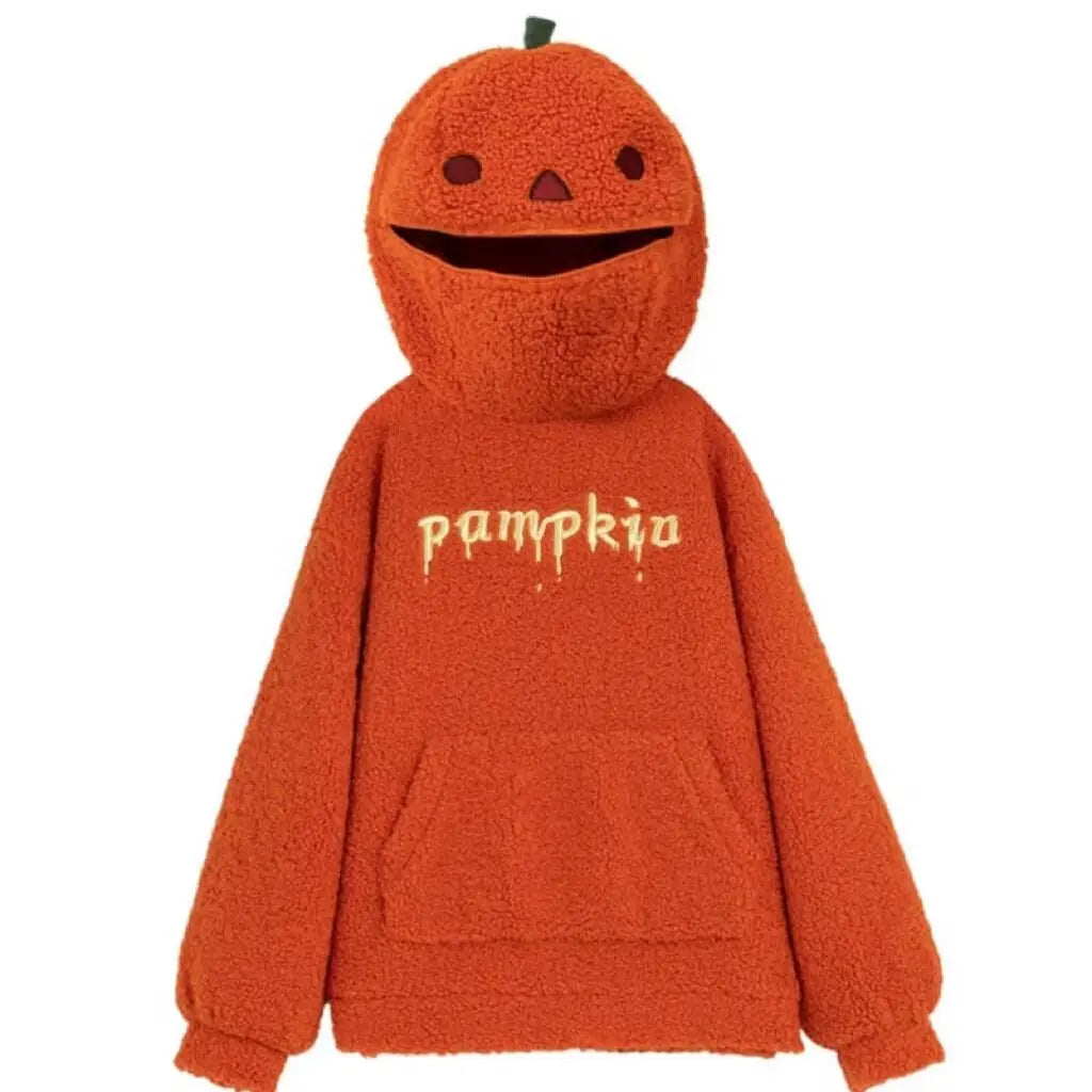 Embroidered Pumpkin Lamb Fleece Hoodie | Oversized Couples Pullover Hoodies & Sweatshirts - The Eezee Shop