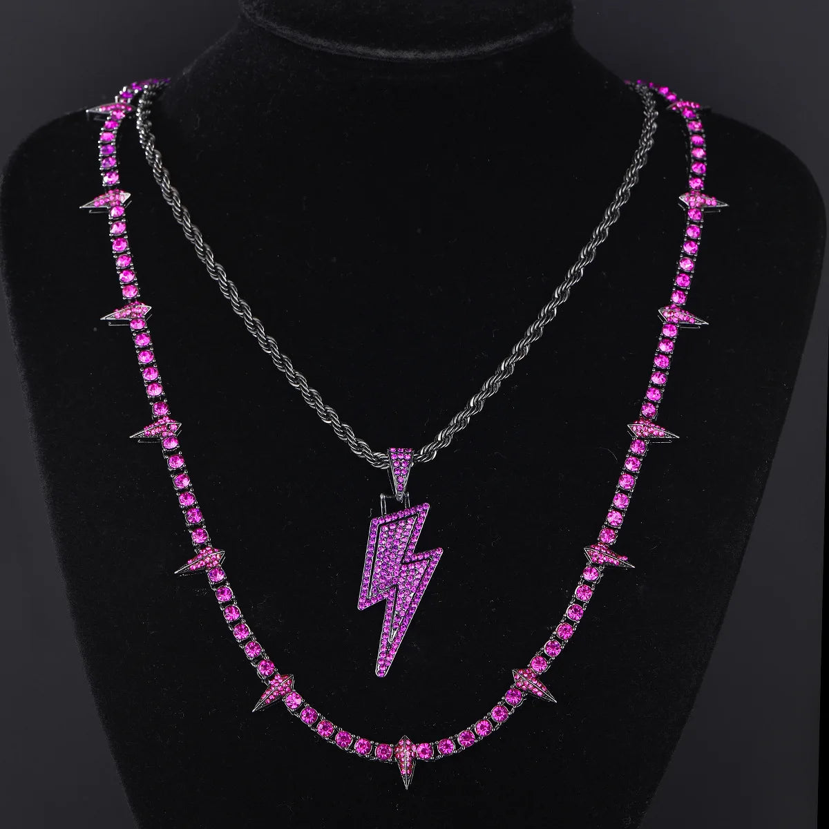 Lightning Pendant Tennis Necklace | Purple Iced Out CZ Chain Jewelry - The Eezee Shop