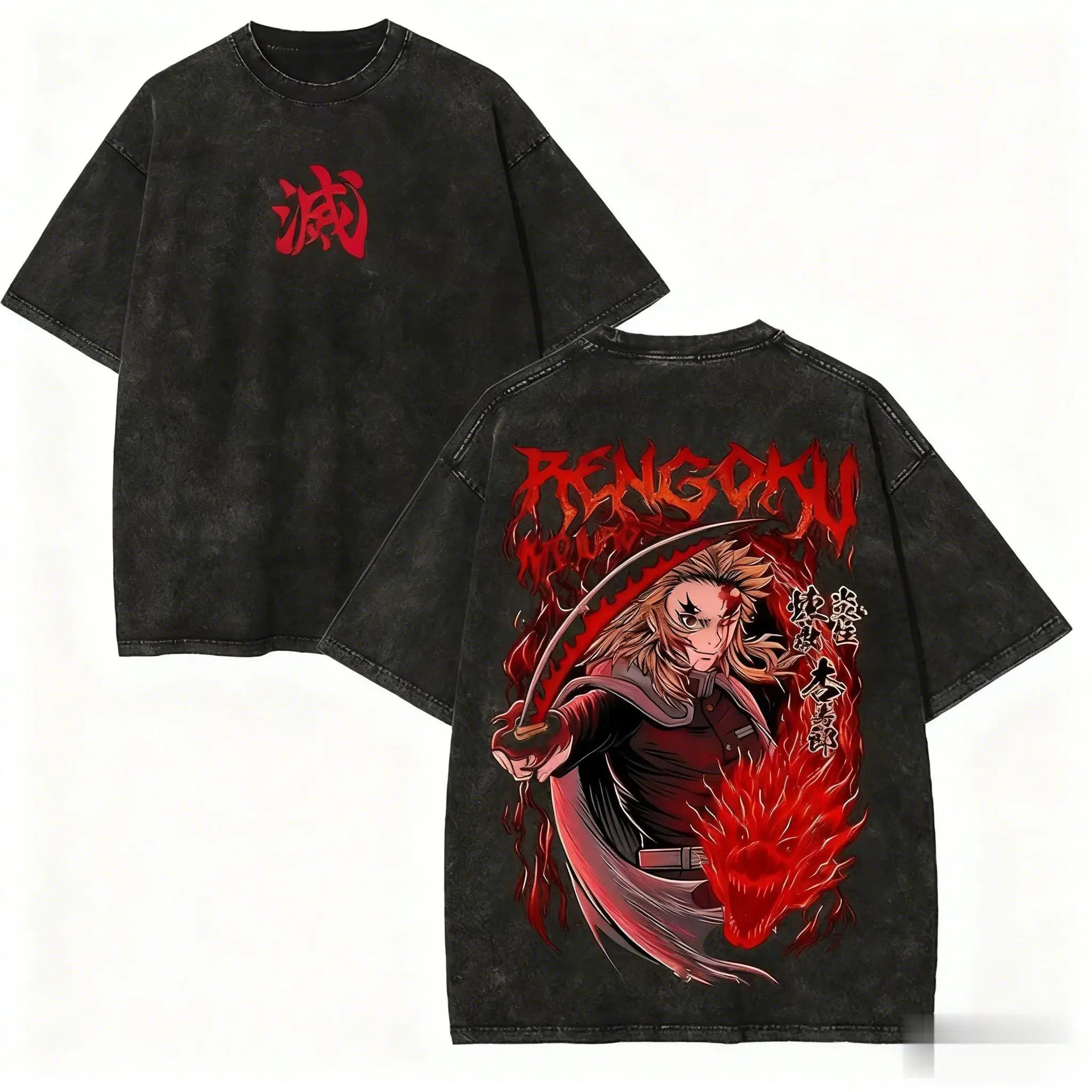 Rengoku Kyojuro Washed T-Shirt | Demon Slayer Graphic Tee Graphic Tees - The Eezee Shop