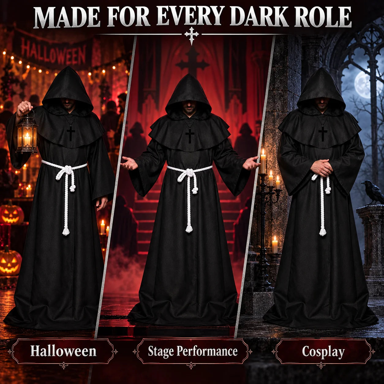 Medieval Monk Robe Costume | 4-Piece Hooded Cloak Set Halloween Costumes - The Eezee Shop