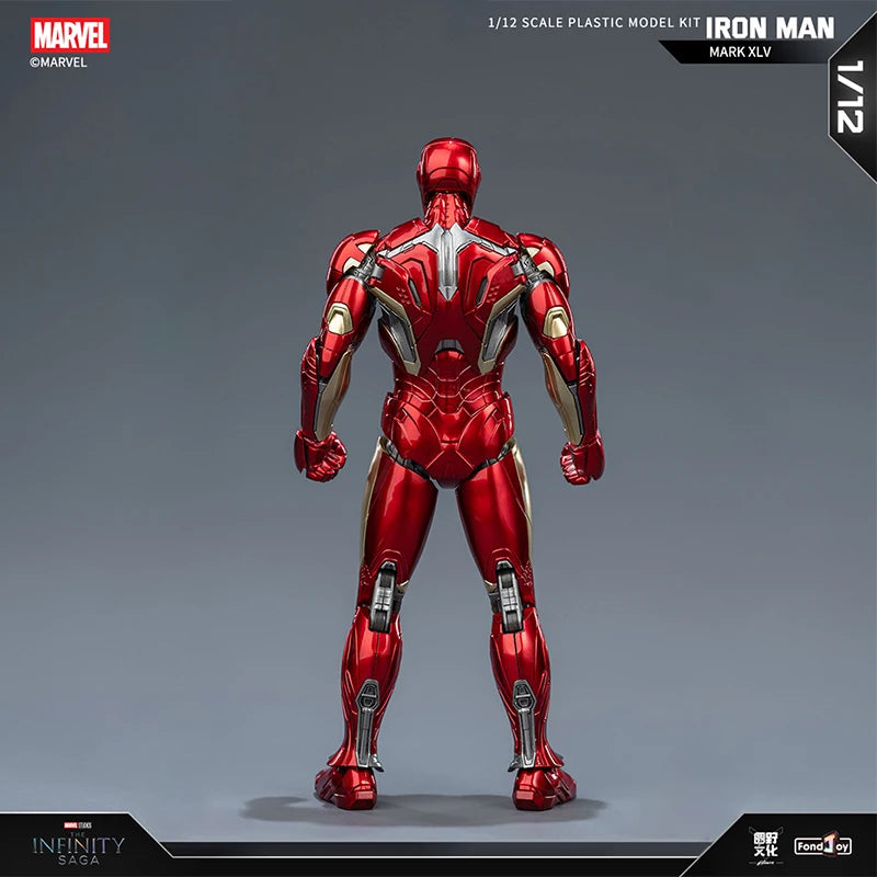 Marvel Iron Man Mark XLV model kit on a gray background
