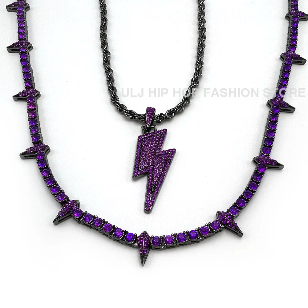 Lightning Pendant Tennis Necklace | Purple Iced Out CZ Chain Jewelry - The Eezee Shop