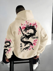 New Men's Anime Dragon Cherry Blossom Printed Hooded Sweatshirt Winter