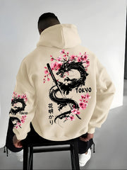 New Men's Anime Dragon Cherry Blossom Printed Hooded Sweatshirt Winter