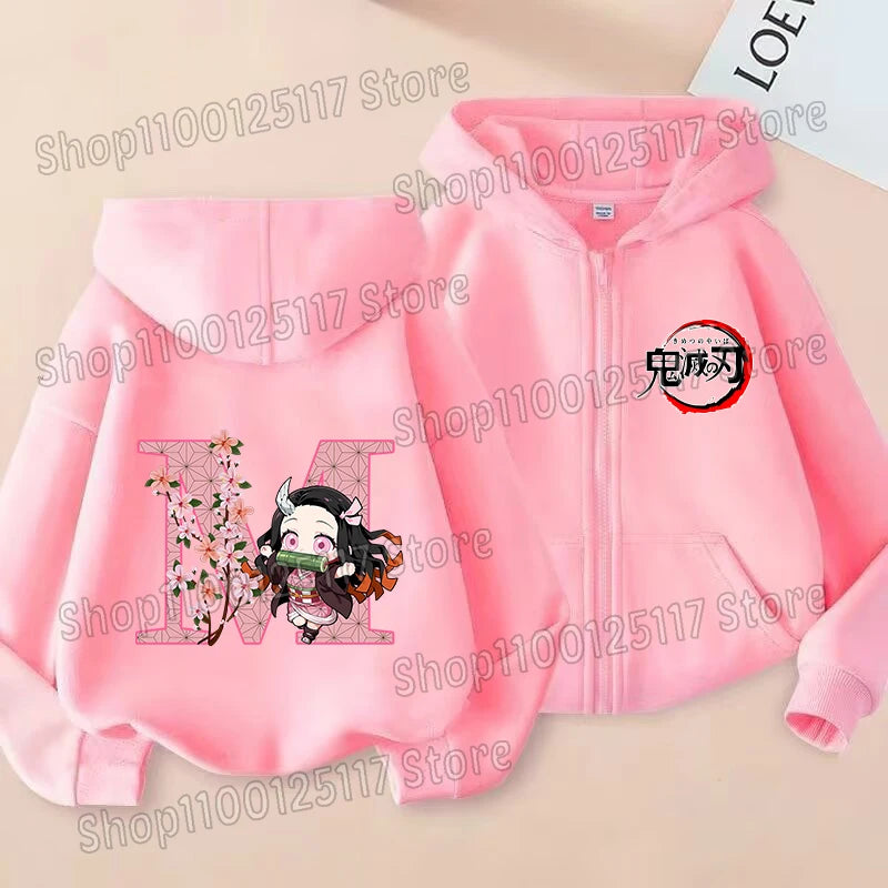 Girls Nezuko Zip-Up Jacket | Kids Demon Slayer Hooded Top Jackets - The Eezee Shop