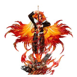 Statue of a character with fiery effects and a sword on a black background