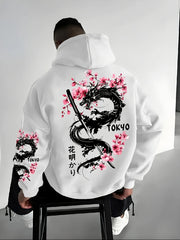 New Men's Anime Dragon Cherry Blossom Printed Hooded Sweatshirt Winter