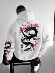 New Men's Anime Dragon Cherry Blossom Printed Hooded Sweatshirt Winter