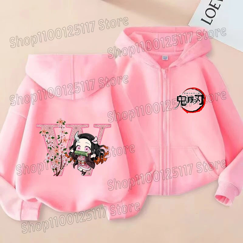 Girls Nezuko Zip-Up Jacket | Kids Demon Slayer Hooded Top Jackets - The Eezee Shop