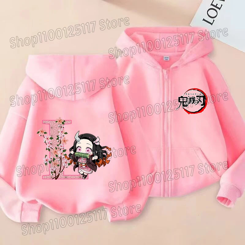 Girls Nezuko Zip-Up Jacket | Kids Demon Slayer Hooded Top Jackets - The Eezee Shop