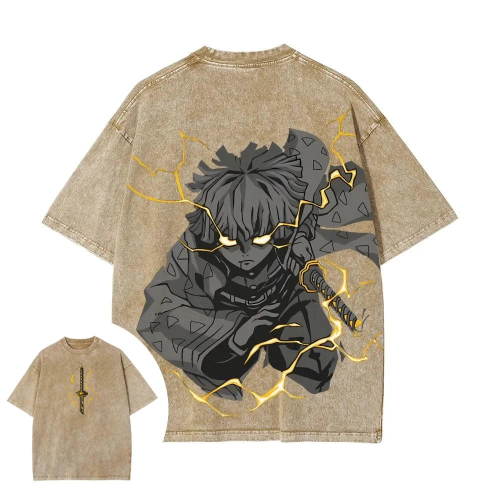 Zenitsu Agatsuma Washed T-Shirt | Demon Slayer Retro Tee Graphic Tees - The Eezee Shop