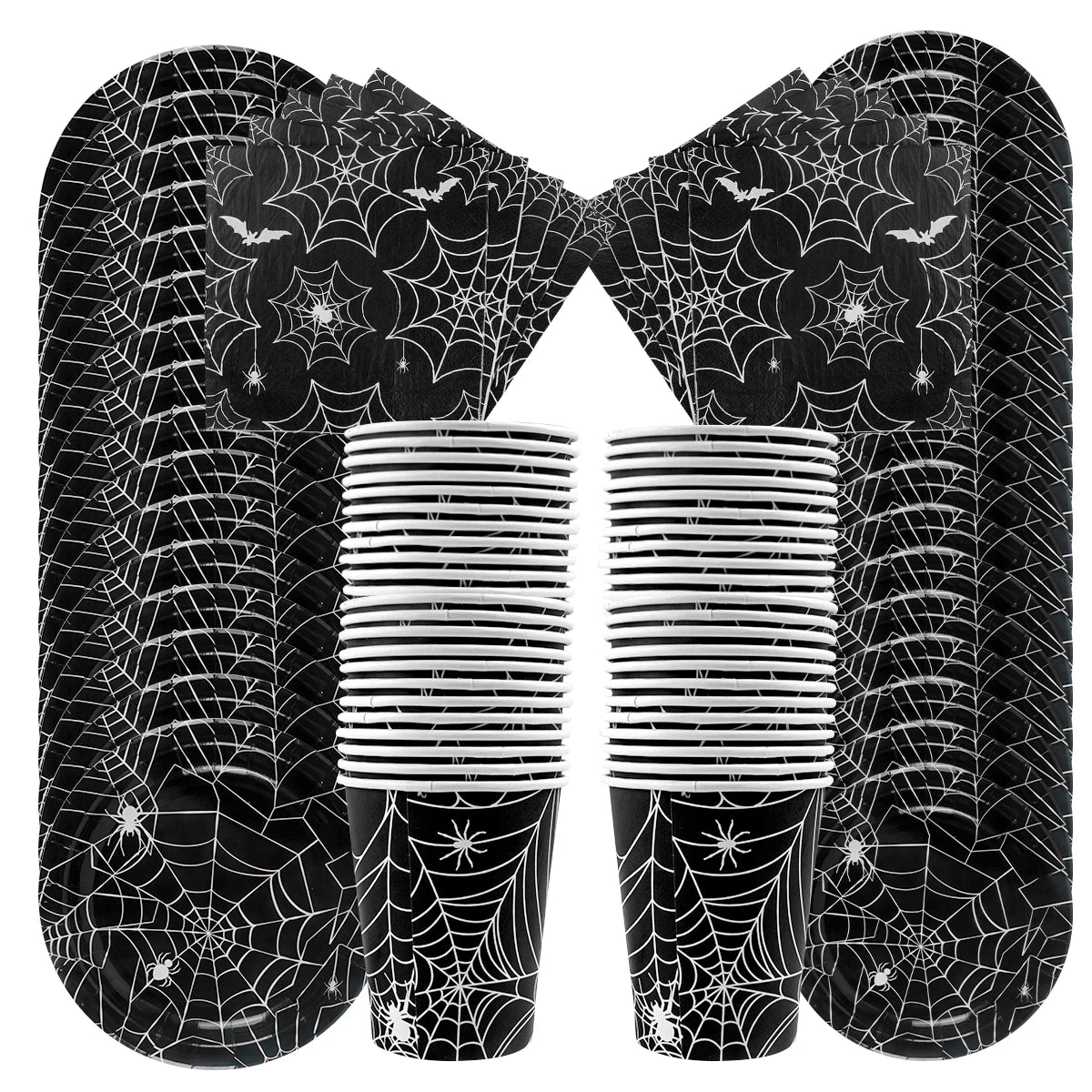 Spider Web Halloween Tableware Set | Black Plates, Cups & Napkins Party Supplies - The Eezee Shop