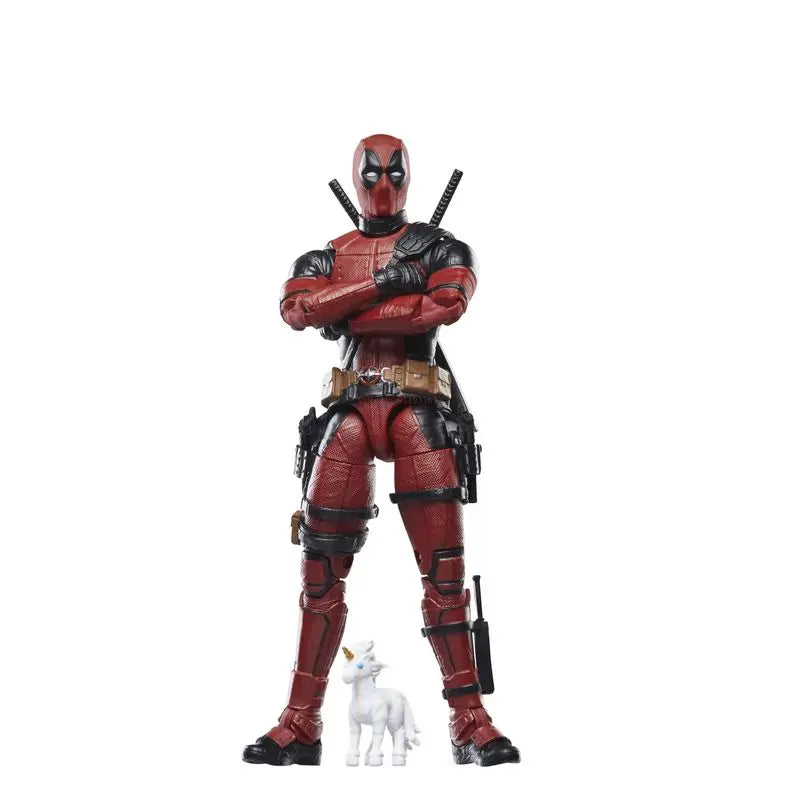 Action figure in a red and black costume with a white dog on a white background