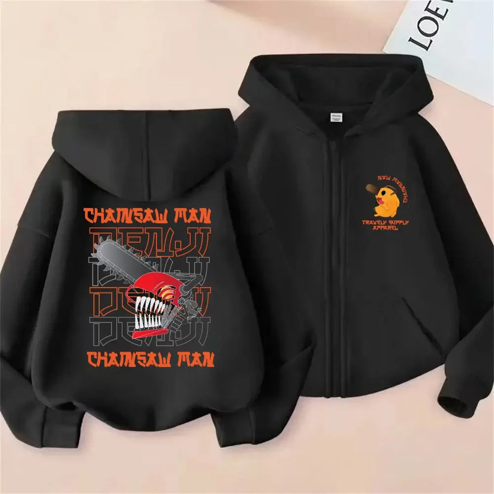 Pochita Washed Zip-Up Hoodie | Chainsaw Man Retro Jacket Hoodies & Sweatshirts - The Eezee Shop