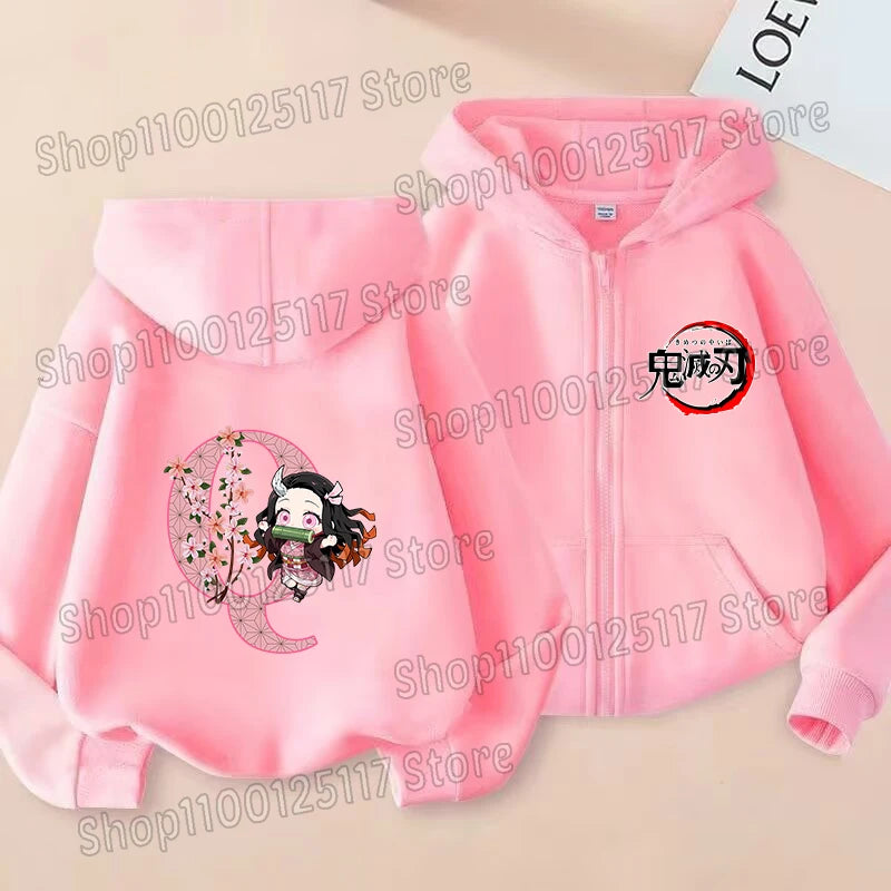 Girls Nezuko Zip-Up Jacket | Kids Demon Slayer Hooded Top Jackets - The Eezee Shop