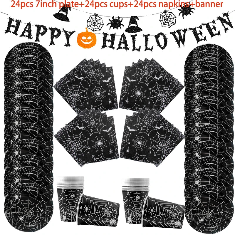 Spider Web Halloween Tableware Set | Black Plates, Cups & Napkins Party Supplies - The Eezee Shop