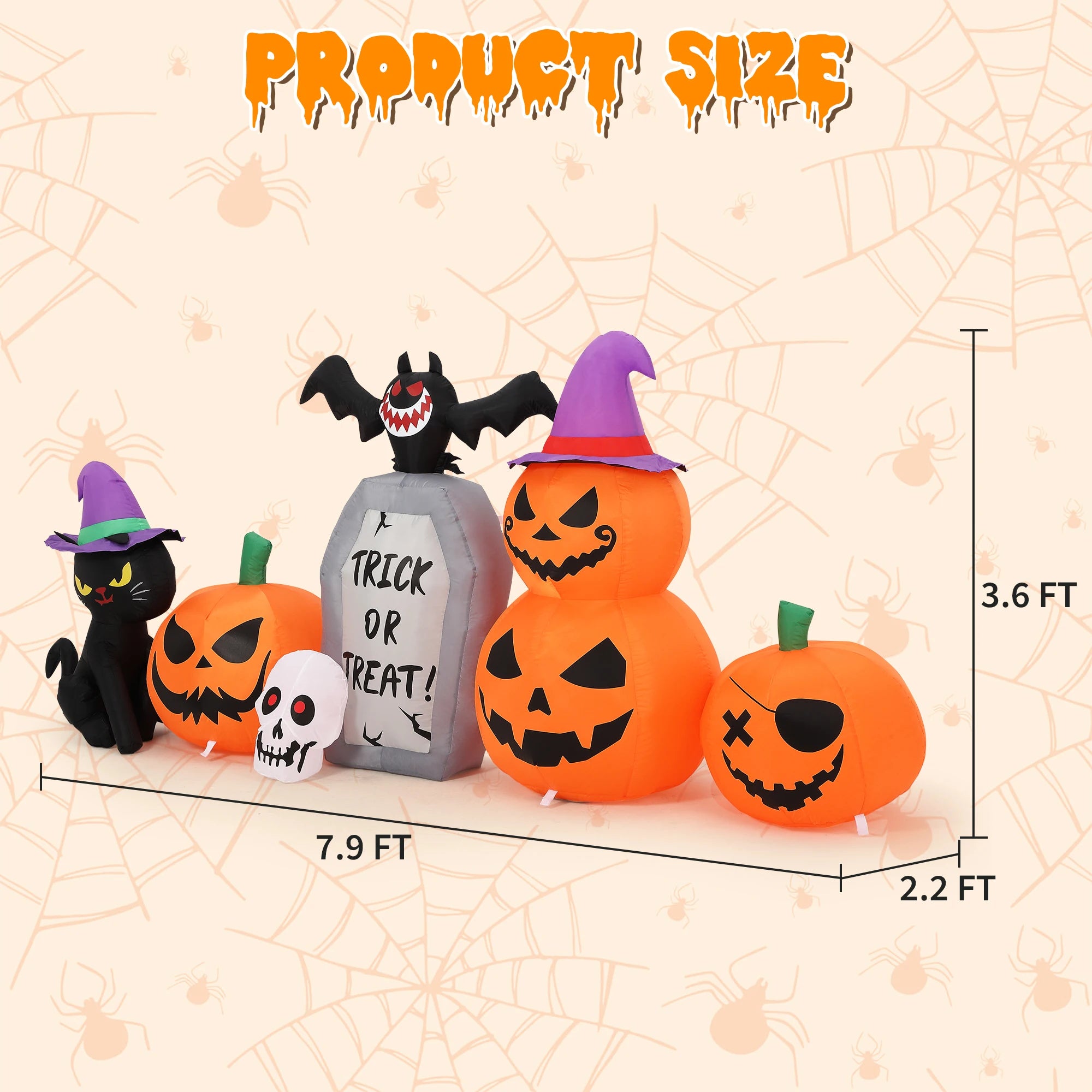 8ft Pumpkin Black Cat Tombstone Inflatable | LED Yard Decor Outdoor Halloween Decorations - The Eezee Shop