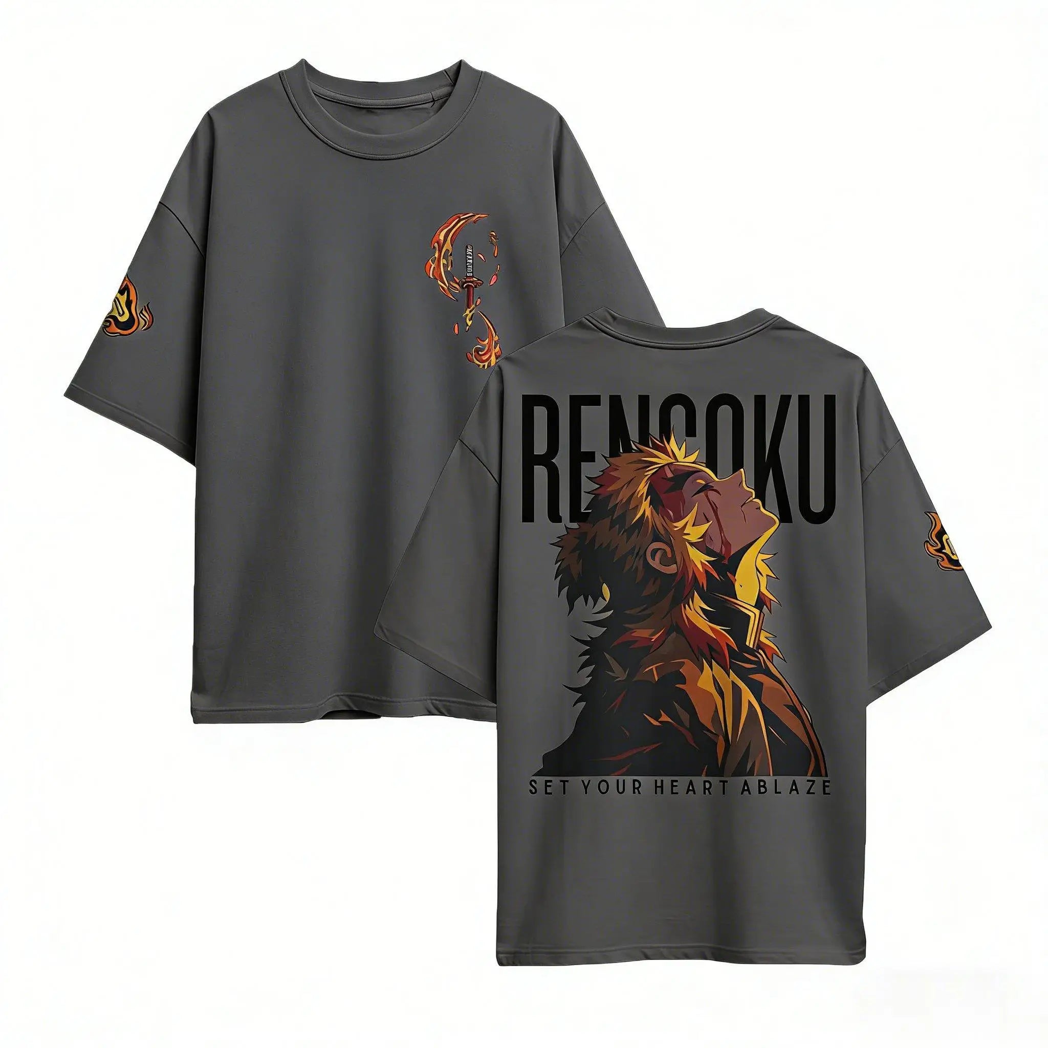 Rengoku Oversized Cotton T-Shirt | Demon Slayer Graphic Tee Graphic Tees - The Eezee Shop